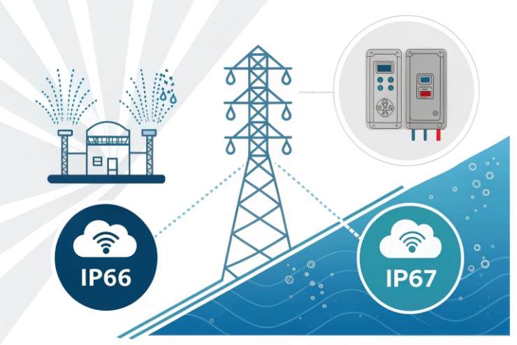 Infographic comparing IP66 and IP67 waterproof ratings for industrial communication enclosures.