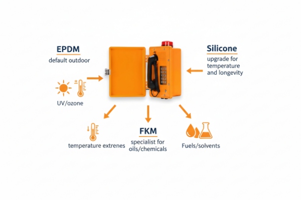 Material options diagram for outdoor SIP intercom seals: EPDM, silicone, and FKM