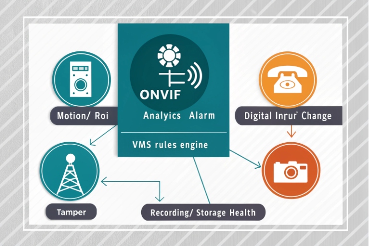 ONVIF analytics alarm workflow with motion ROI, tamper, digital input change, recording health.