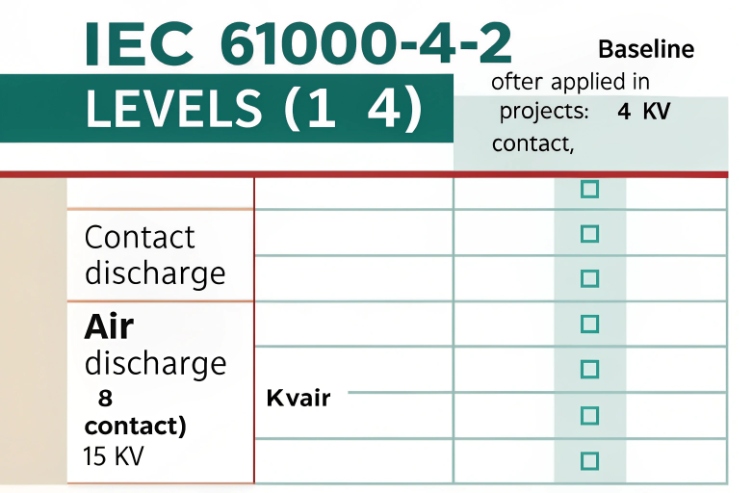 IEC 61000-4-2 ESD immunity levels chart showing contact and air discharge test values.