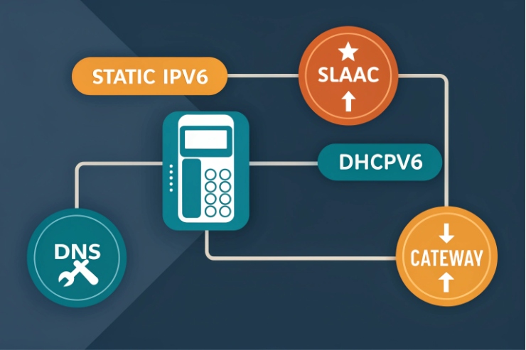 IPv6 configuration diagram for VoIP phone showing static IPv6, SLAAC, DHCPv6, DNS, gateway