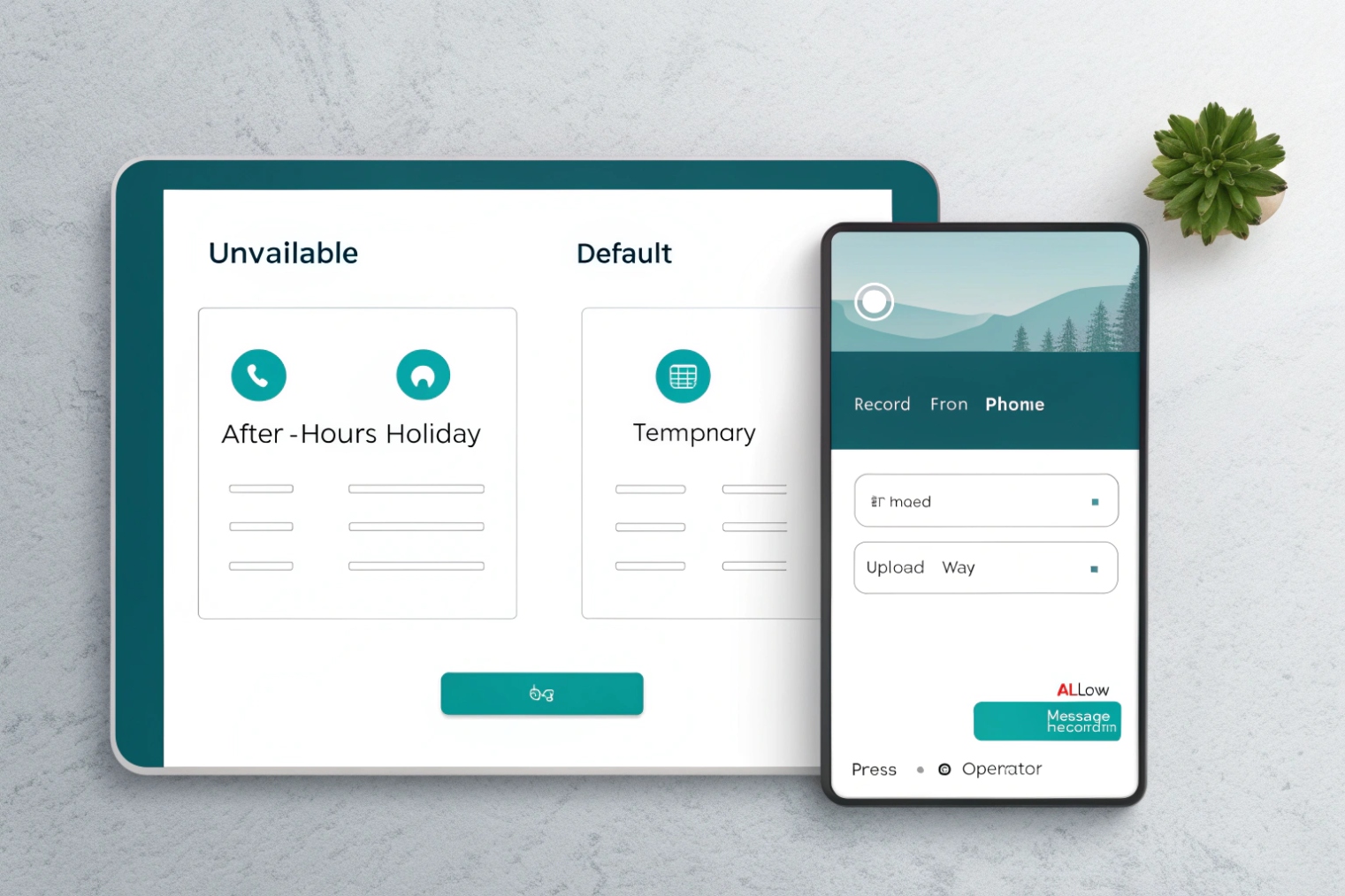 Tablet and smartphone UI for configuring unavailable, after-hours holiday, default and temporary voicemail greetings, with options to record from phone or upload audio