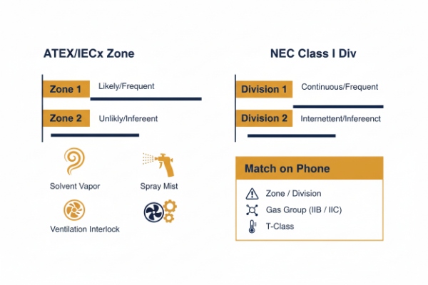 ATEX IECEx zones compared with NEC Class I divisions for hazardous areas
