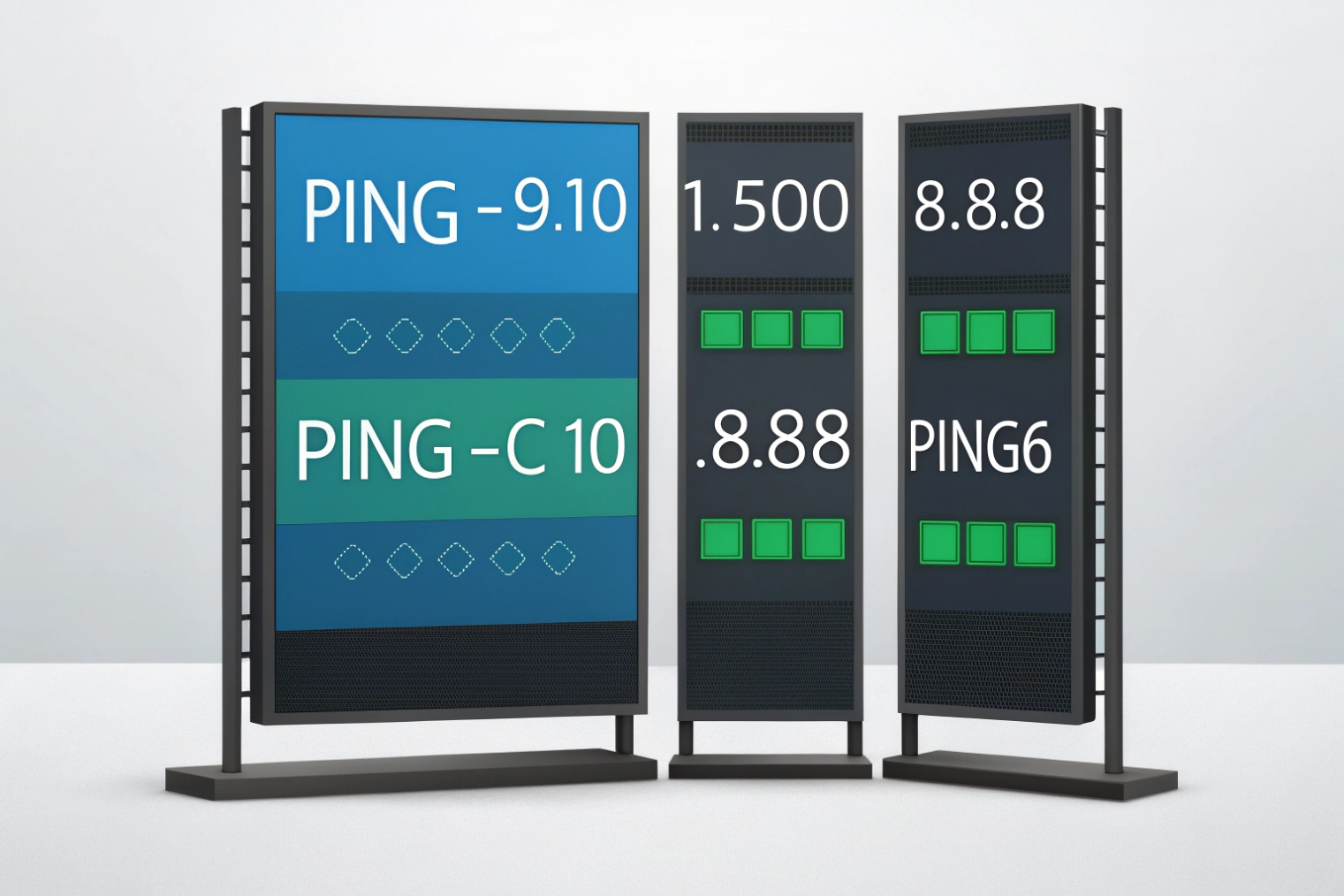 Digital boards showing ping commands and IP addresses for network latency testing