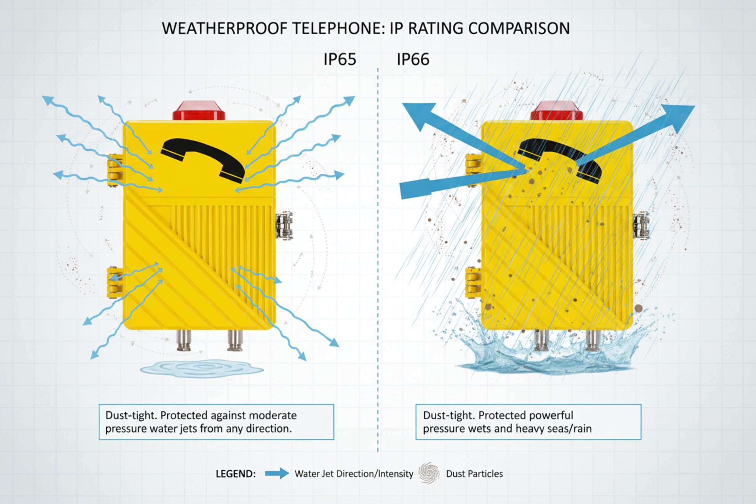 Weatherproof telephone IP rating comparison graphic showing IP65 versus IP66 water jet protection