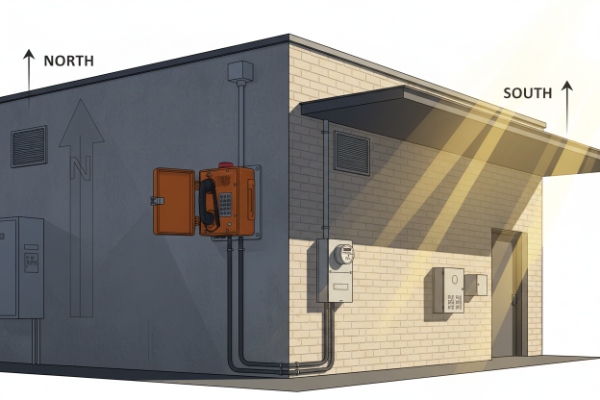 North-south wall diagram showing SIP emergency phone placement to reduce sun exposure
