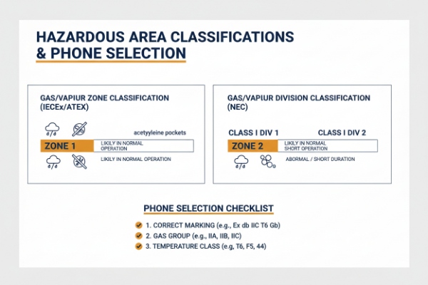 Hazardous area classification chart comparing ATEX zones and NEC divisions for phone selection