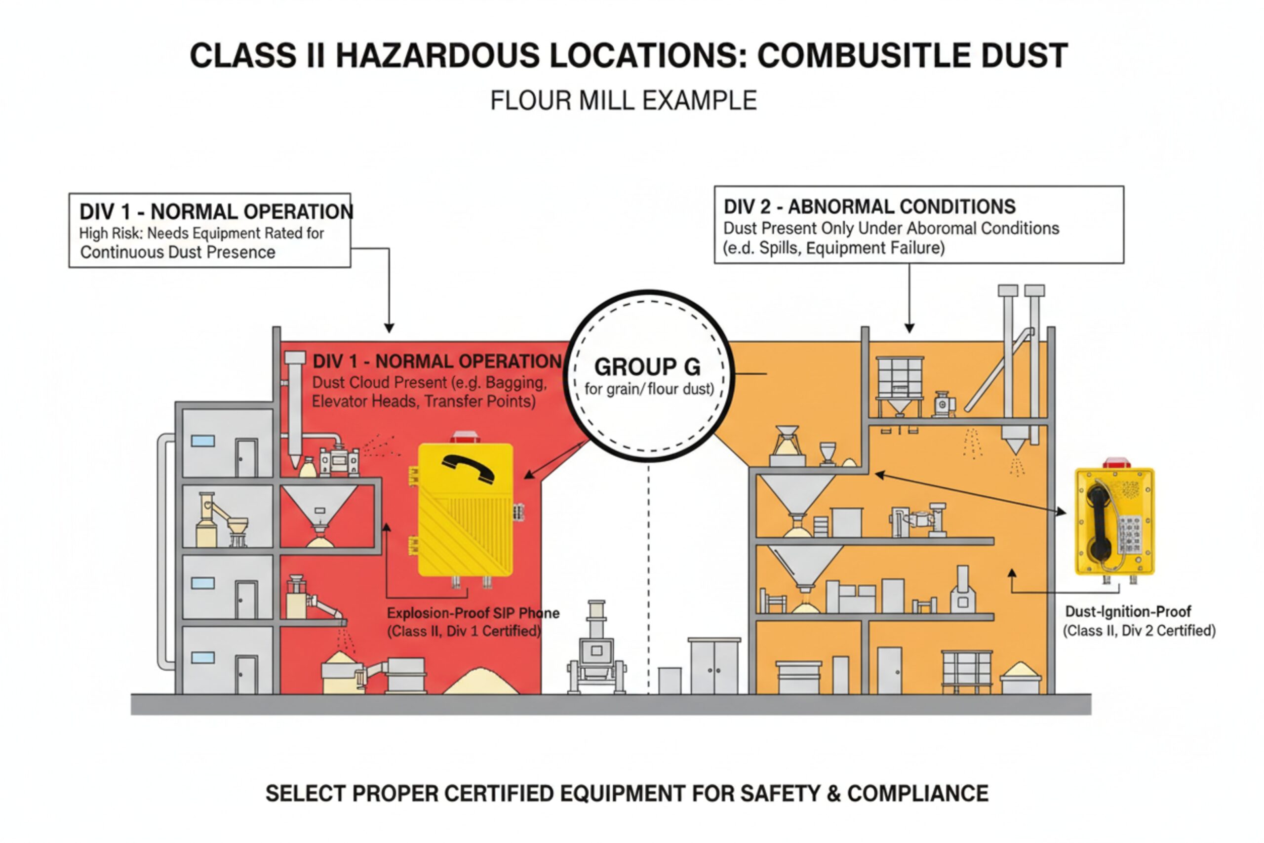 Class II combustible dust diagram comparing Div 1 and Div 2 areas for flour mill safety