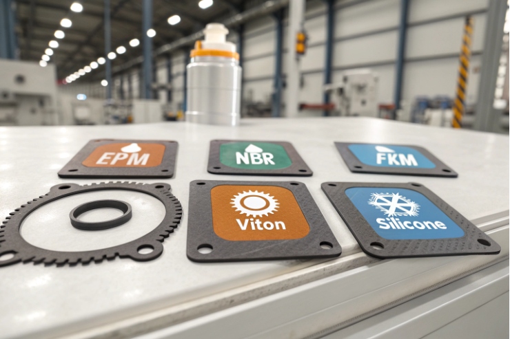 Rubber gasket samples labeled EPM, NBR, FKM, Viton, and silicone on workbench