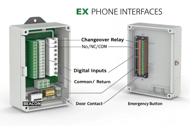 EX phone interface module showing changeover relay, digital inputs, door contact, emergency button wiring