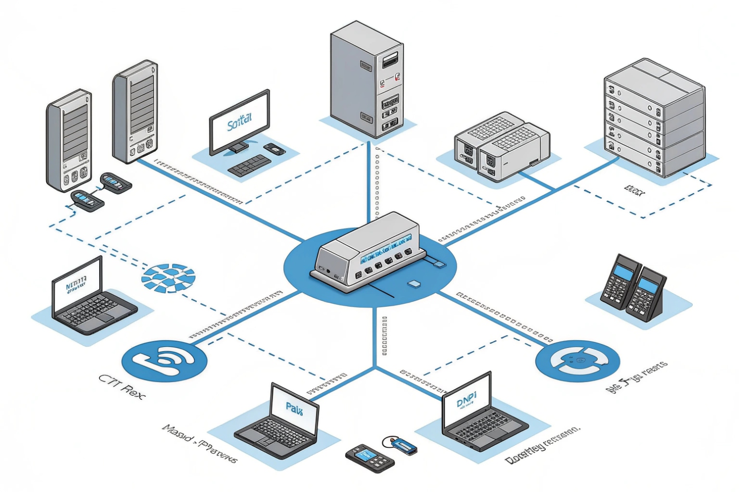 Unified CTI gateway connecting PBX servers, softphones, databases, call recording and CRM laptops