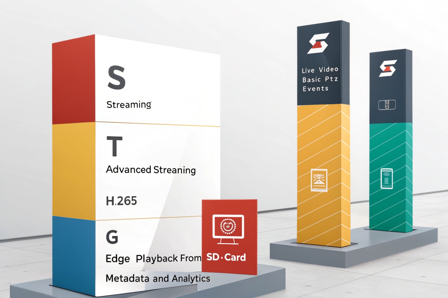 ONVIF S T G profile pillars showing streaming, advanced streaming with H.265, and edge recording with SD card and analytics