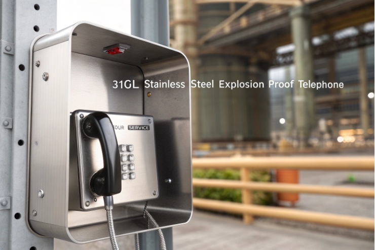 316L stainless steel explosion-proof telephone recessed in a protective hood/canopy, shown in a refinery setting.