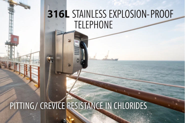 316L stainless explosion-proof telephone on marine pier, chloride pitting and crevice corrosion resistant.