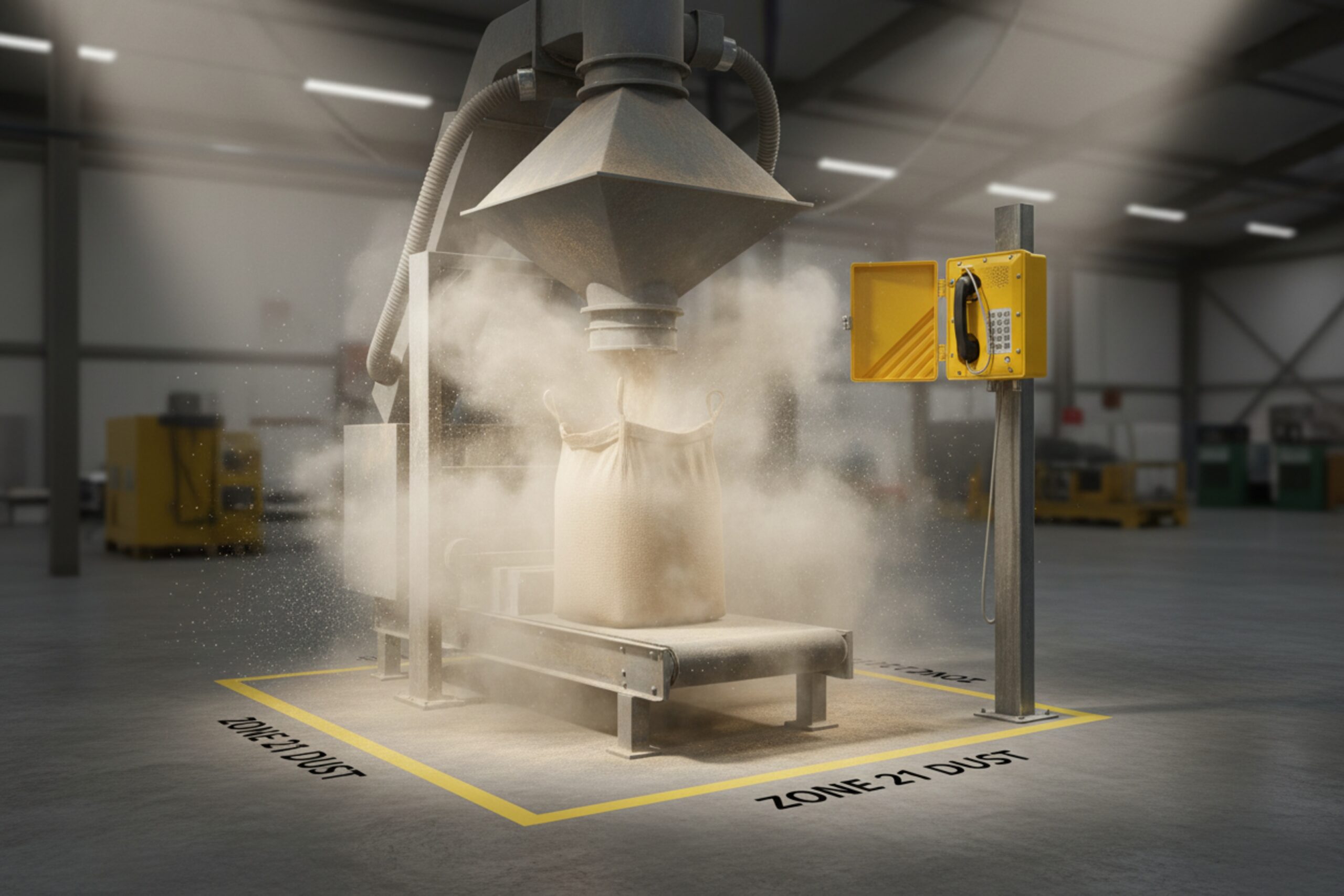 Zone 21 dust bagging station with open-cabinet Ex SIP phone for hazardous area communication