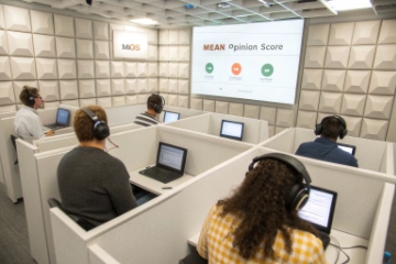 DJSlink call center agents reviewing MOS training presentation in acoustic test room