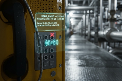 Close-up of industrial emergency phone keypad showing hook fault critical alarm on screen