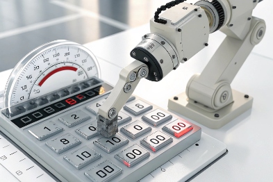 Robotic arm pressing buttons on a large keypad test fixture with a dial/gauge display, suggesting automated endurance/actuation testing