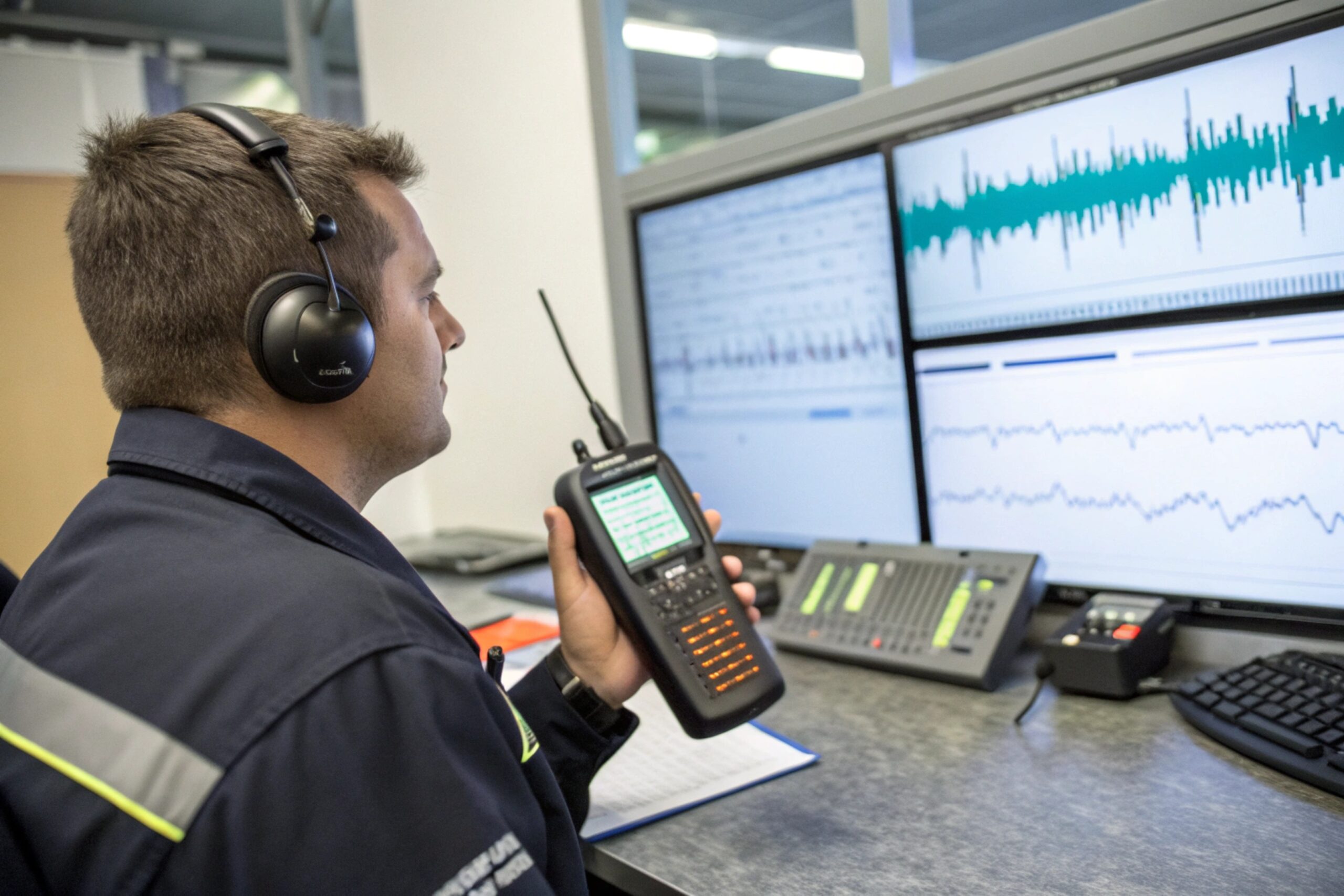 Control room operator uses handheld radio beside monitoring screens for emergency dispatch