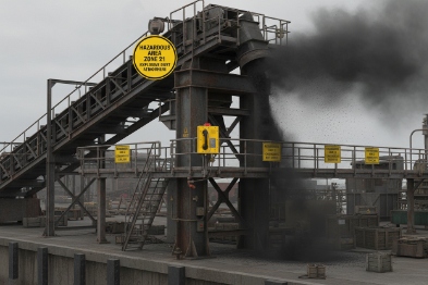 Industrial wharf walkway with hazardous zone signage and wall-mounted explosion-proof SIP intercom