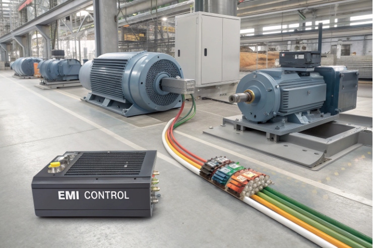 EMI control unit connected to large electric motors in industrial plant