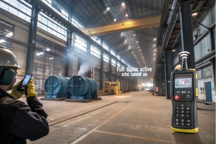 Factory hall echo test with handheld VoIP device, full duplex echo cancel enabled