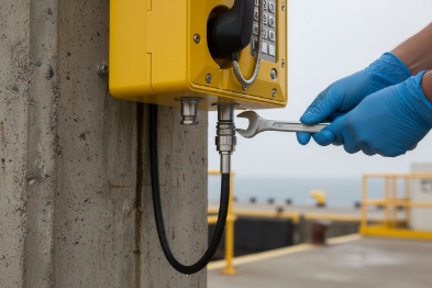 Gloved technician tightens sealed cable gland on industrial EX SIP phone