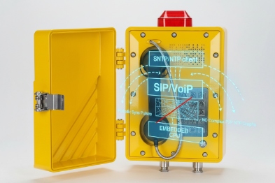 Explosion-proof SIP VoIP emergency phone with open cover showing embedded communication system