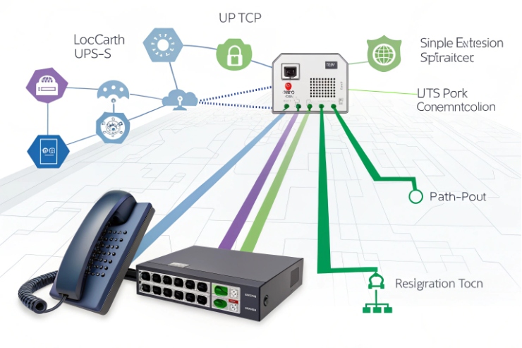 SIP network diagram showing IP phone, PoE switch, security features and TCP connectivity.