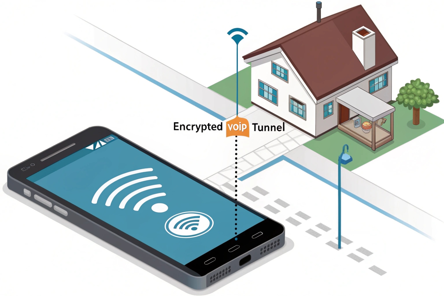 Smartphone connected to home router over secure encrypted VoIP tunnel