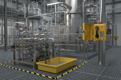 Ex-rated SIP phone on chemical platform near pipelines and spill tray for emergency calling