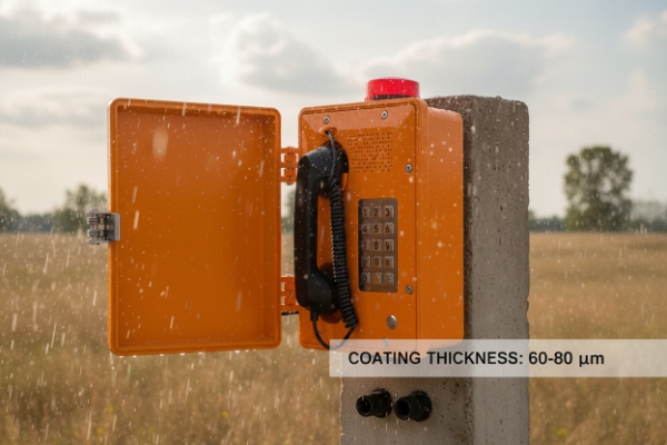 Orange SIP emergency telephone with open door, showing 60-80 µm coating thickness in rain