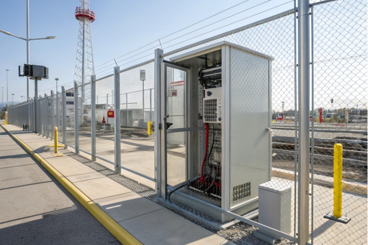 Outdoor telecom equipment cabinet behind security fence at industrial facility