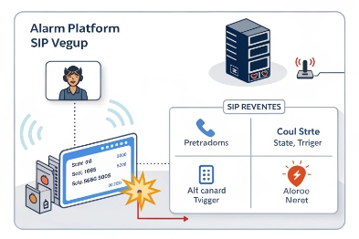 SIP alarm platform diagram showing SMS alerts, event triggers, and server notifications