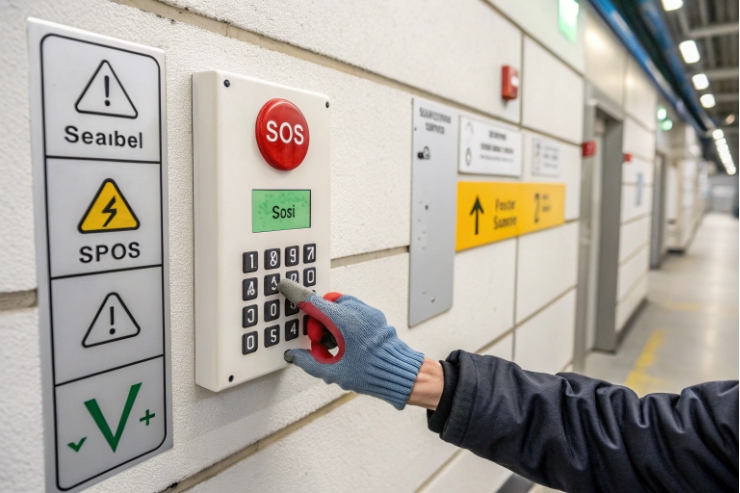Gloved hand pressing SOS emergency call keypad on subway station wall