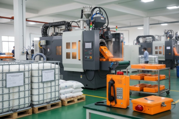 Factory workshop producing orange waterproof SIP intercom housings beside molding equipment
