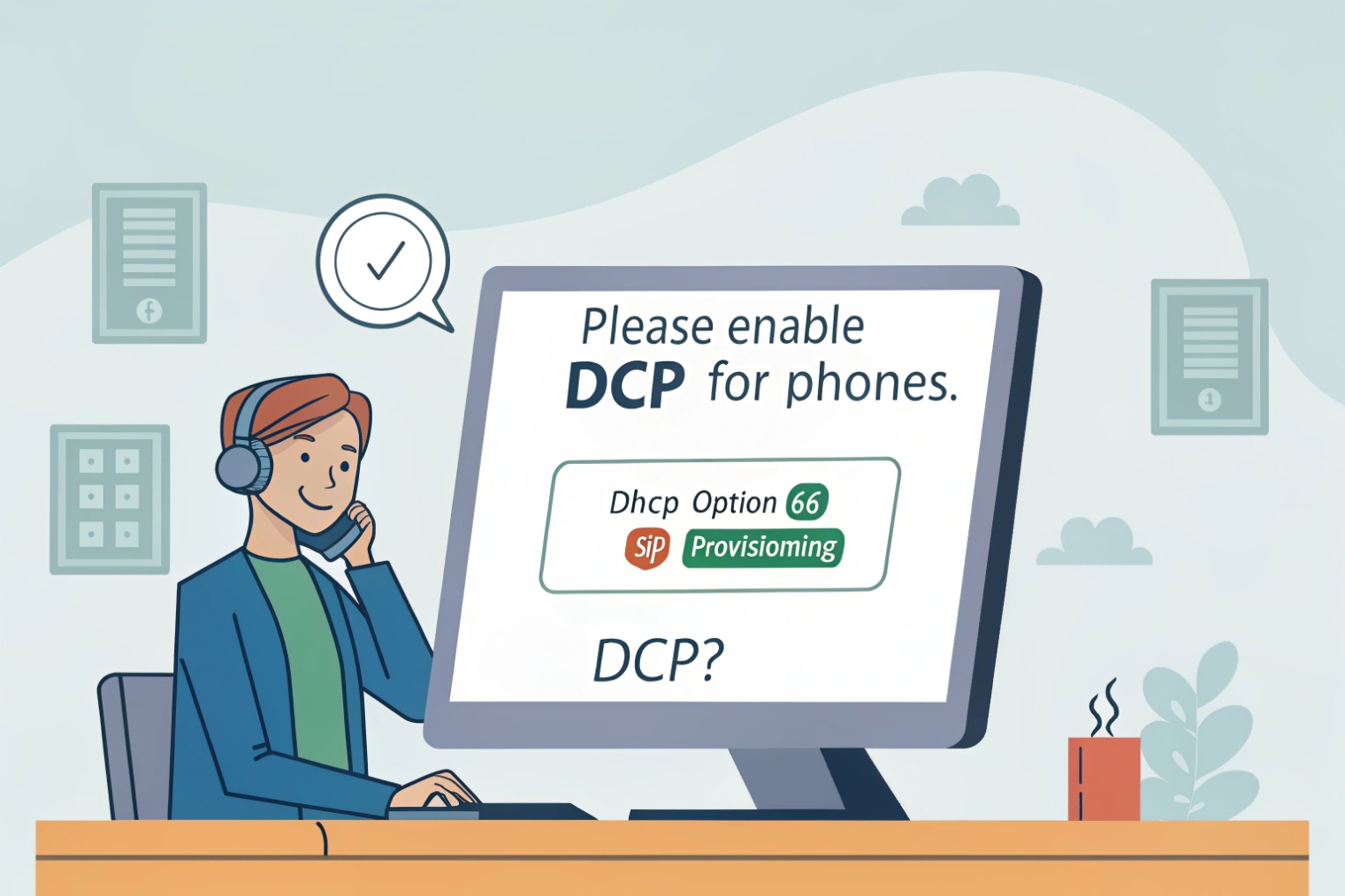 IT support person reading request to enable DCP and DHCP option 66 for SIP phones