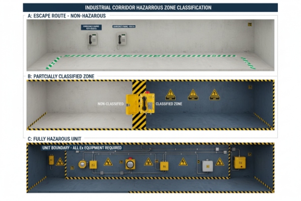 Hazardous corridor classification diagram showing escape route, partial zone, and fully hazardous unit