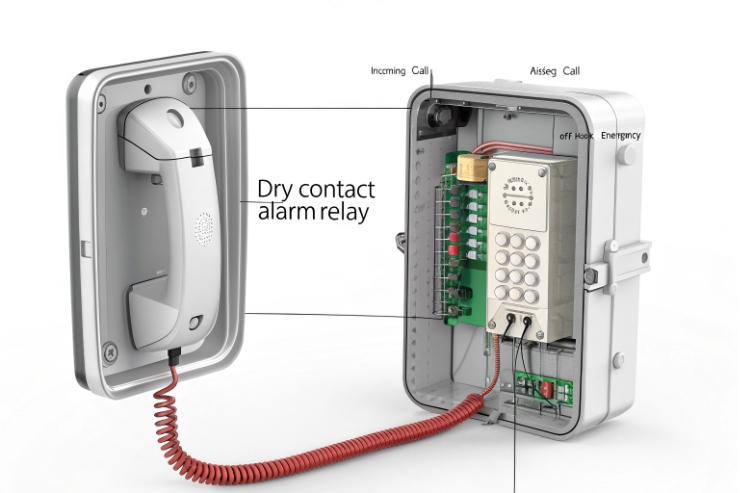 Cutaway diagram of an industrial wall phone showing internal electronics and a dry-contact alarm relay