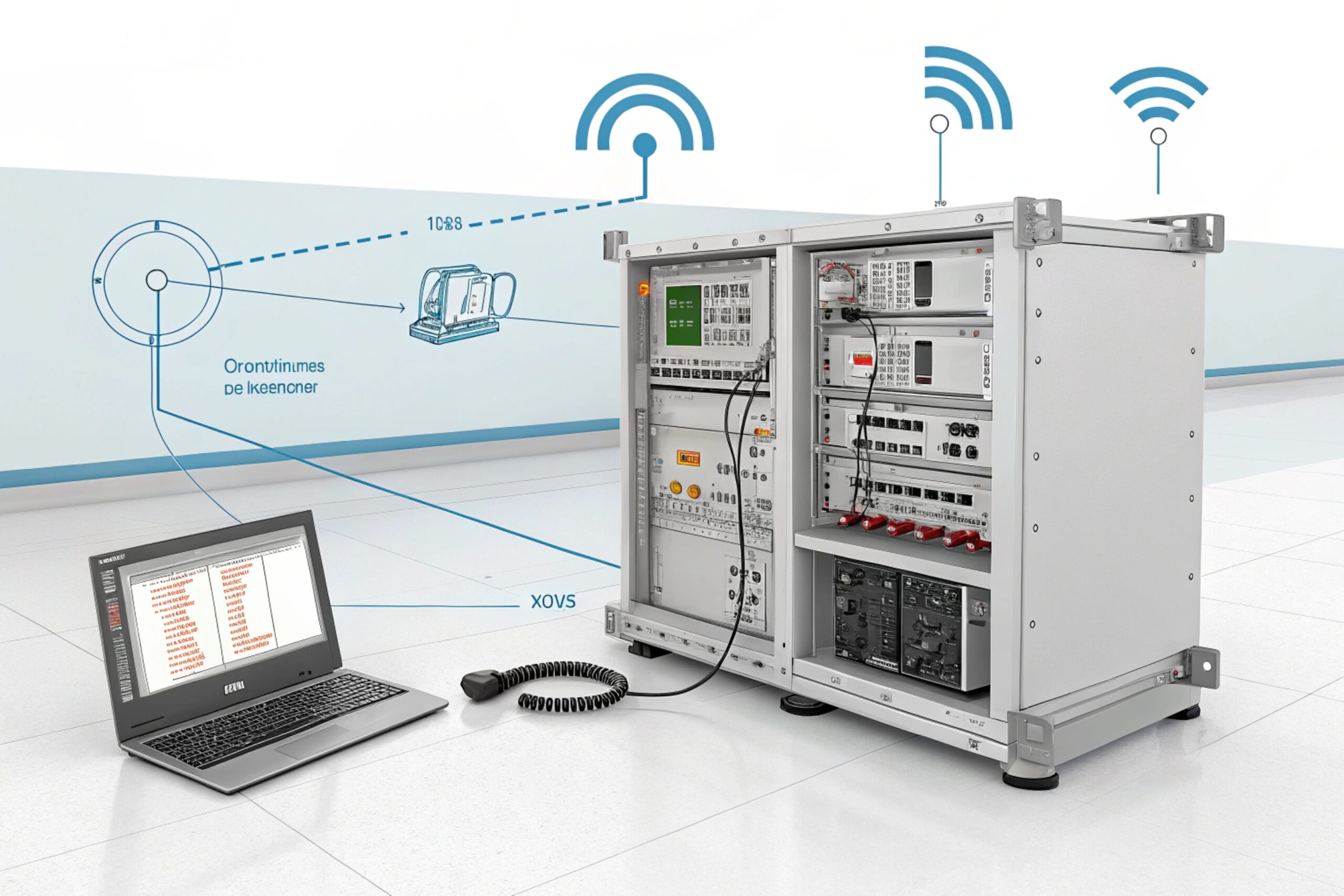 Open industrial control/telecom cabinet with modules and wiring, shown with wireless signal icons and a laptop connected for configuration/monitoring