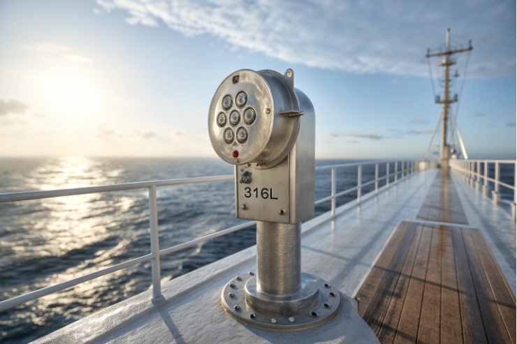 316L stainless steel marine loudspeaker on ship deck with ocean horizon in background