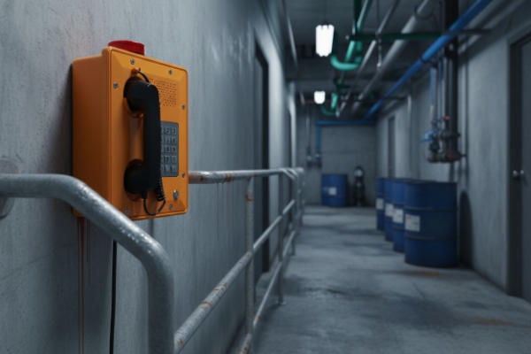 Wall-mounted orange SIP emergency telephone in service corridor with safety railing