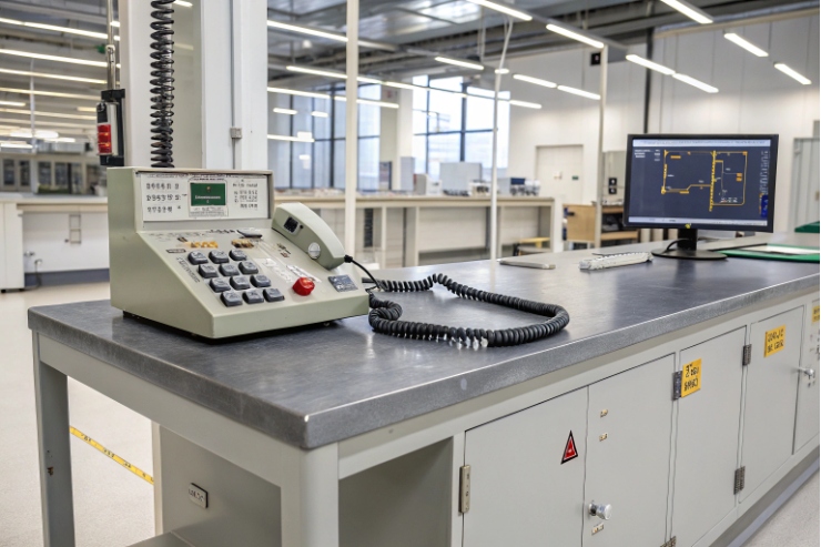 Industrial test bench with wired desk phone and monitor displaying circuit simulation diagram