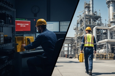 Technician diagnosing offline emergency phone with field repair at petrochemical plant