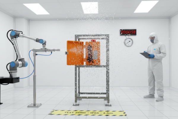 Lab IP66 spray test for orange waterproof SIP intercom with technician monitoring