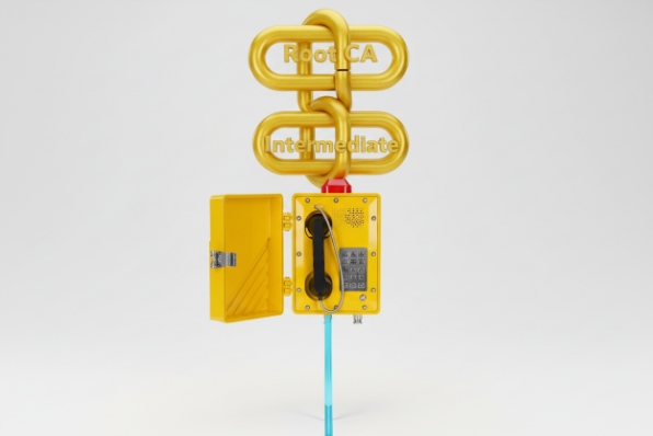 Industrial phone with certificate chain concept showing root CA and intermediate trust links