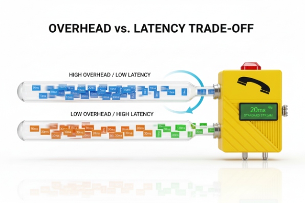 VoIP latency tradeoff VoIP packet overhead versus latency diagram connected to industrial SIP phone