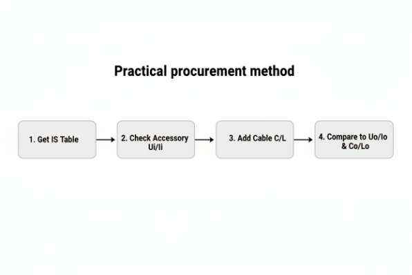 Procurement flowchart for intrinsic safety checking accessories, cable capacitance, and Ui Uo limits