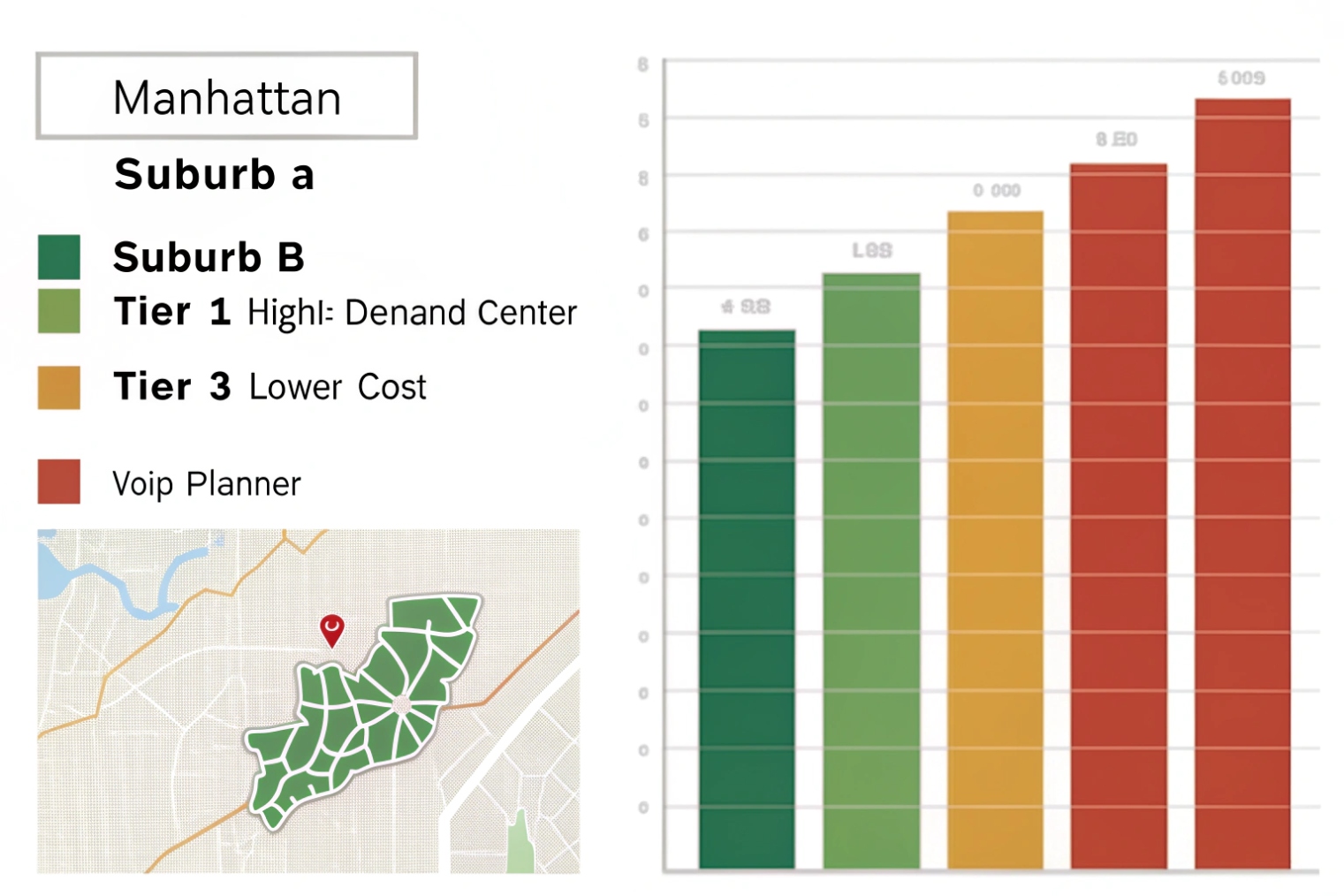 Manhattan VoIP planner map with suburb tiers and demand versus cost bar chart
