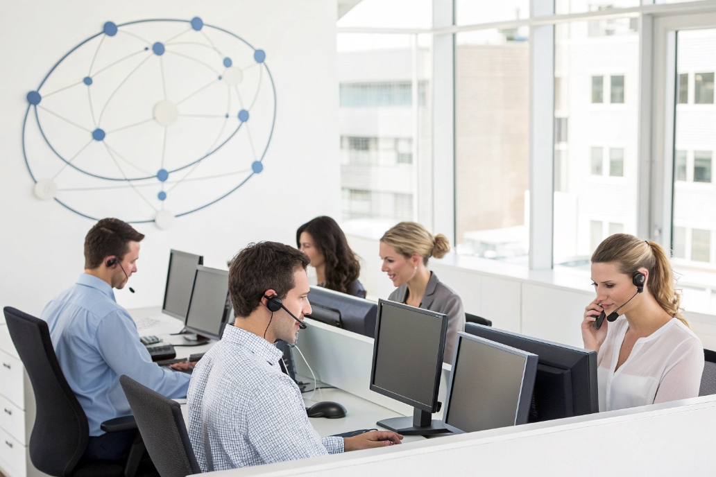 Customer support team using VoIP headsets in bright modern contact center office